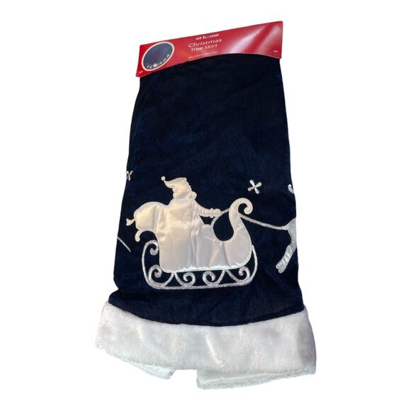 At Home New Blue Velvet White Santa's Sleigh Reindeer Tree Skirt 48" Diameter - Picture 1 of 5